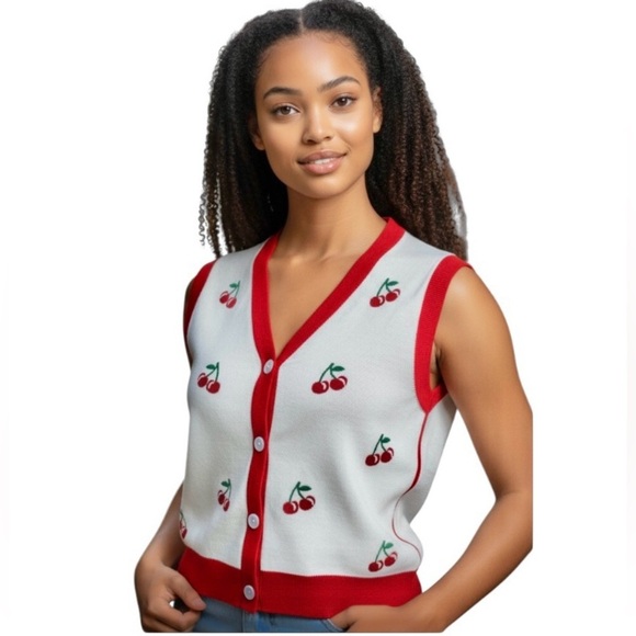 BELLE POQUE Women's White Cherry Coded Embroidered Crop Knit Sweater Vest Size M - Picture 2 of 10